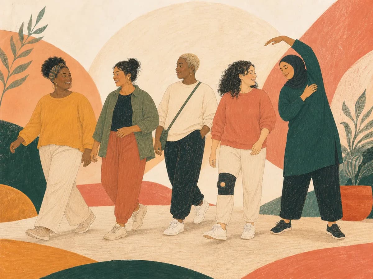 Five ethnically diverse women moving together, including one wearing a supportive knee brace